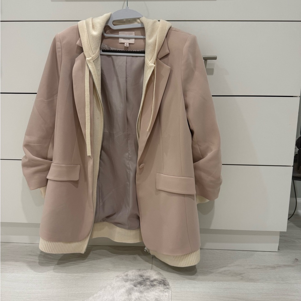cinq a sept Blush Pink Blazer with Cream Hooded Knit Trim
